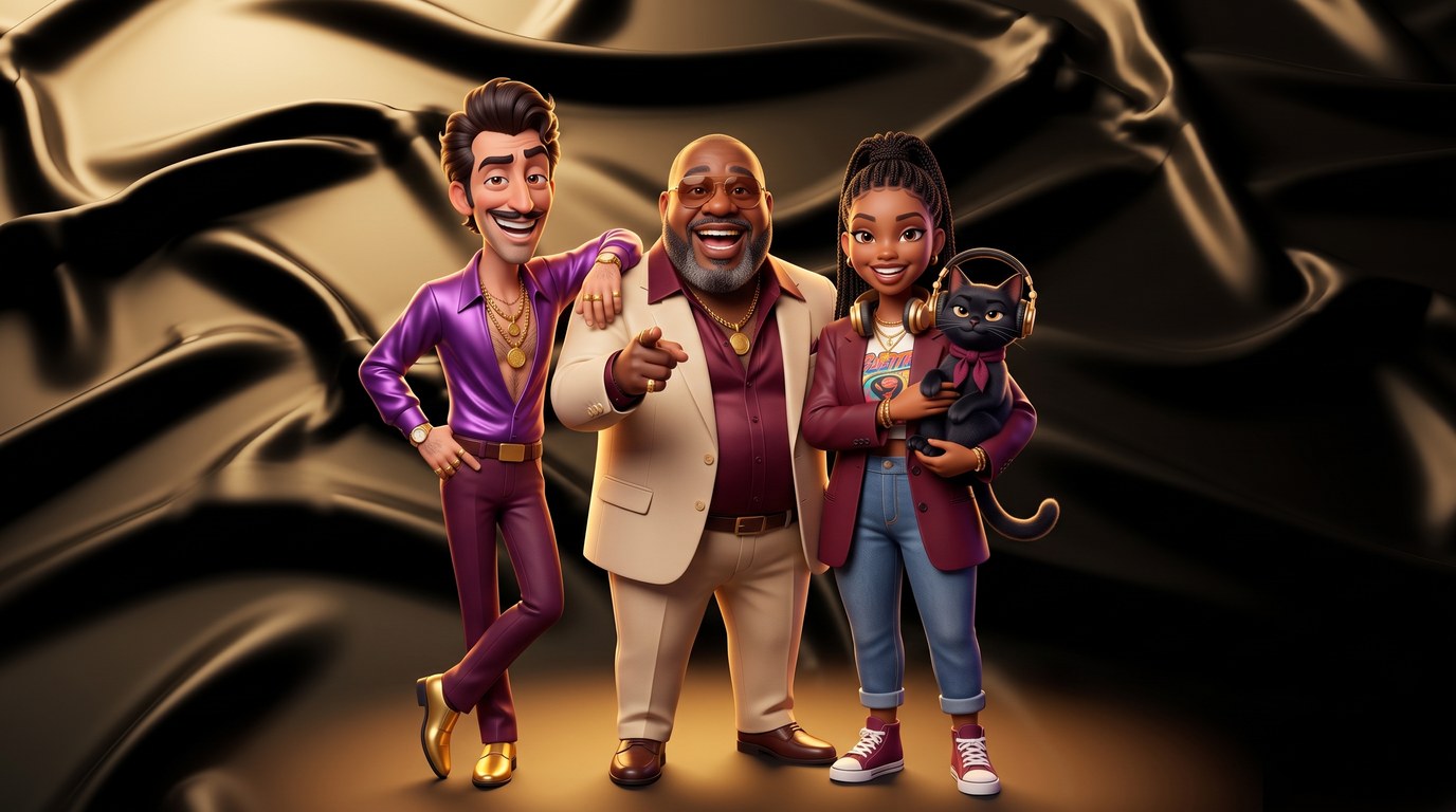 Silk, Satin and Romeo, the Silk FM hosts, with the cat